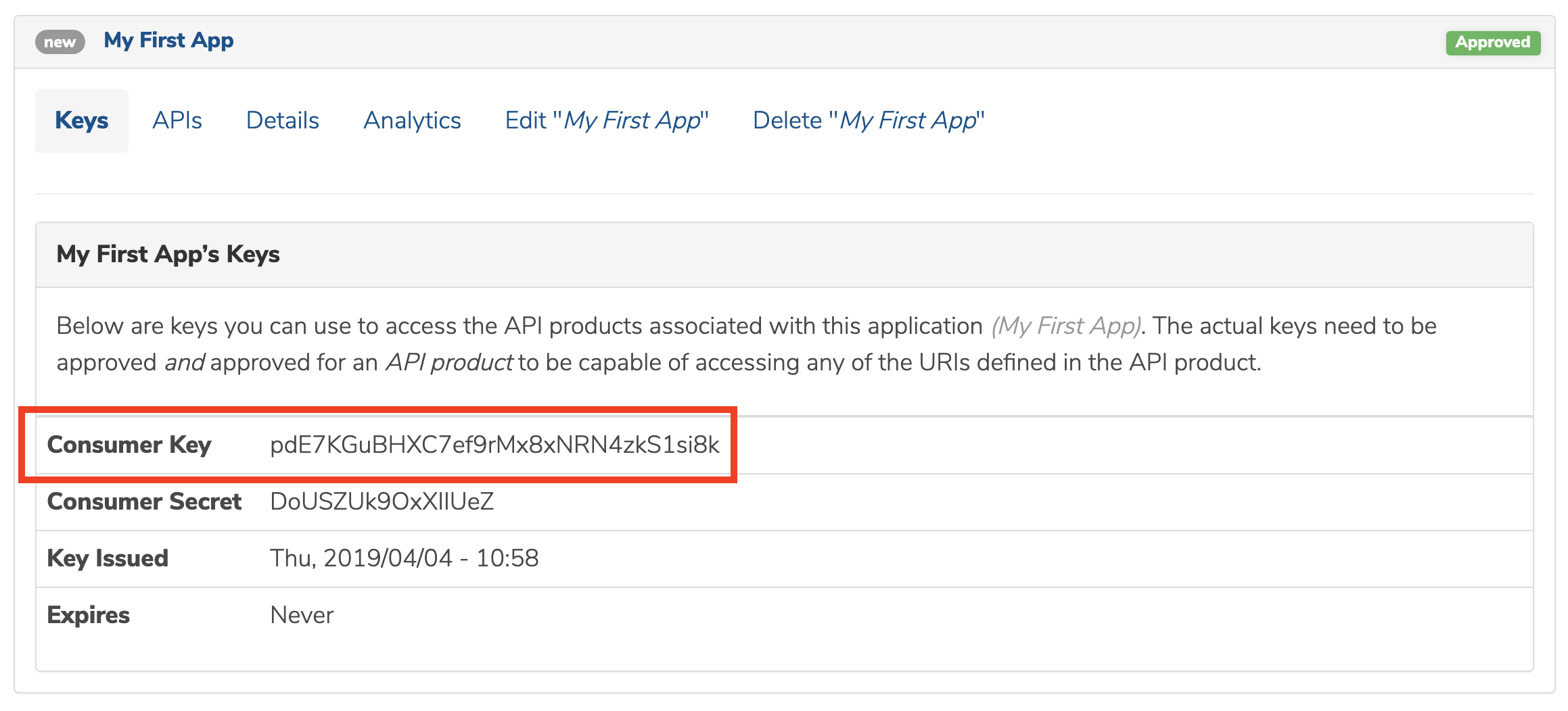 my first app consumer key